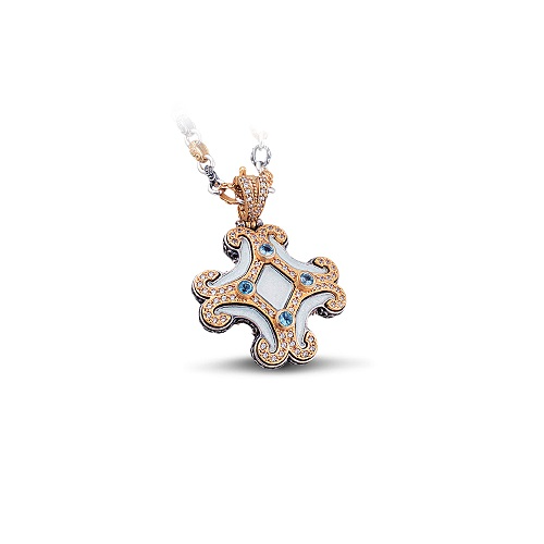 Pendant with White Enamel, Swiss Blue Topaz, Zircon Stones and Tricolour Chain M63